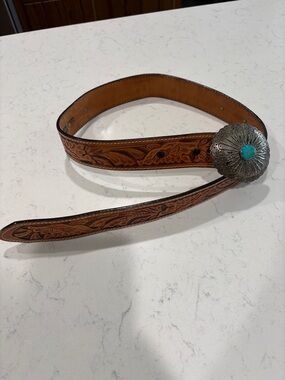 Vintage Larry Mahan Hand-Tooled Brown Leather Belt with Turquoise Concho